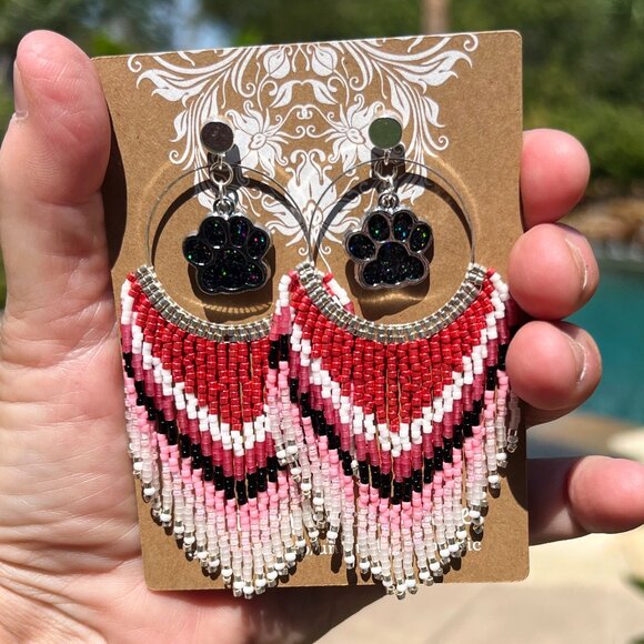 Handmade Beaded Long Fringe Paw Love Dangle Drop Lightweight Post Hoop Earrings - Picture 4 of 9